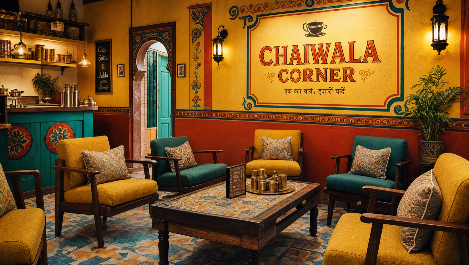 Chaiwala Corner: a traditional karak chai house interior with ornate walls and brass pots