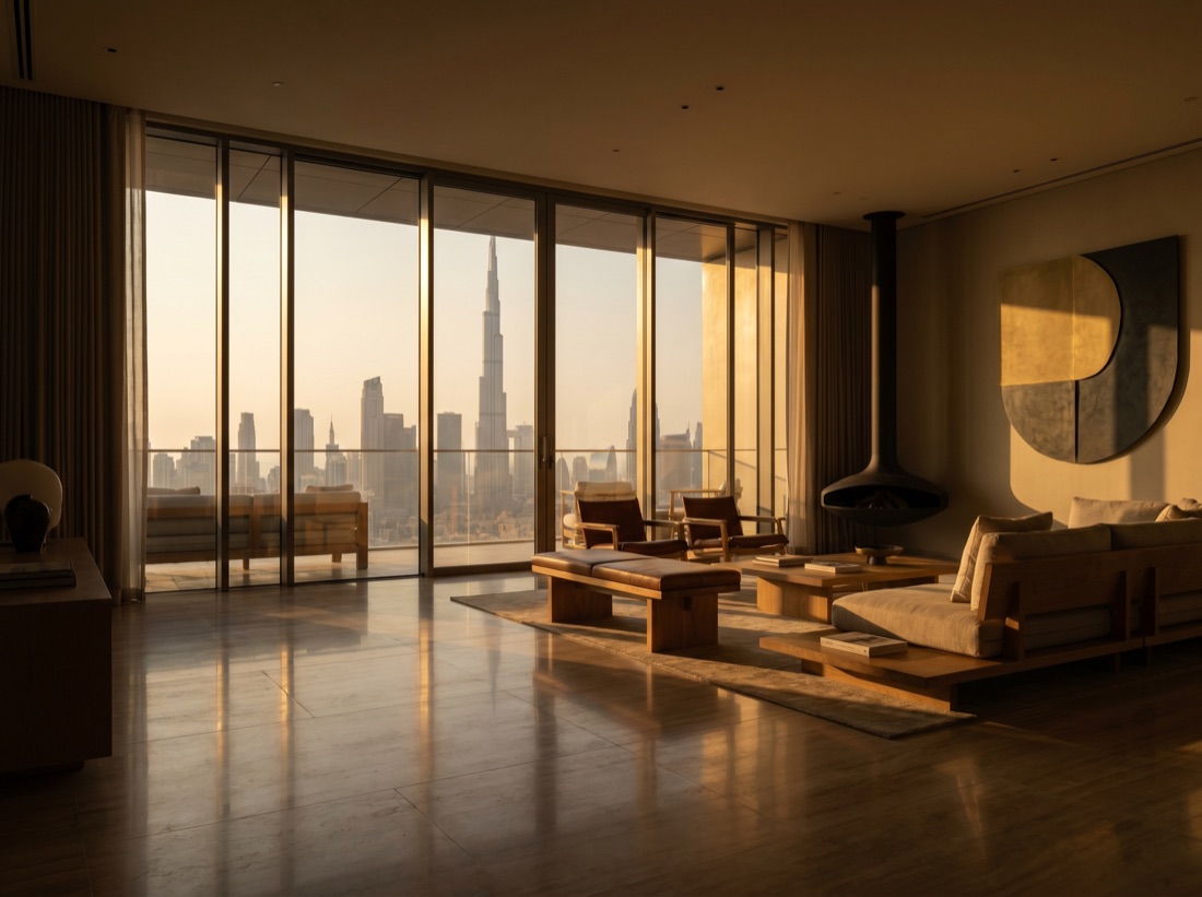 AI-generated luxury Dubai interior at golden hour