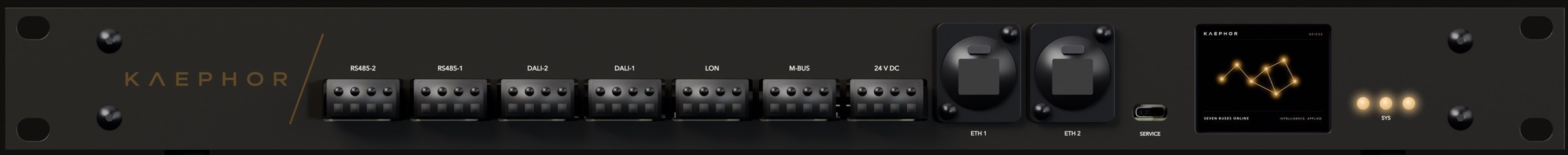 Kaephor Bridge front panel: KAEPHOR wordmark, seven plug-in terminals (RS485-2, RS485-1, DALI-2, DALI-1, LON, M-BUS, 24 V DC), two round Ethernet ports ETH 1 and ETH 2, a service USB-C port, the status display and three SYS lights