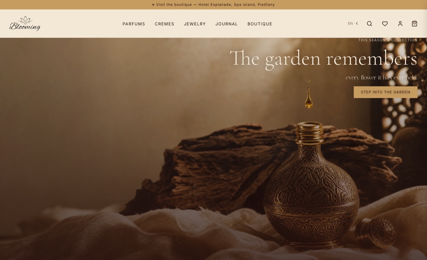 Blooming homepage: a luxury fragrance and jewelry house