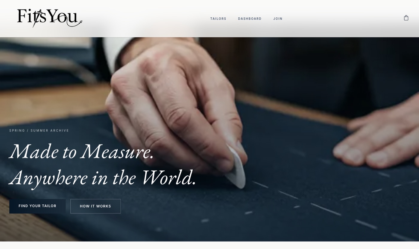 FitsYou.ai homepage: a made-to-measure tailoring atelier